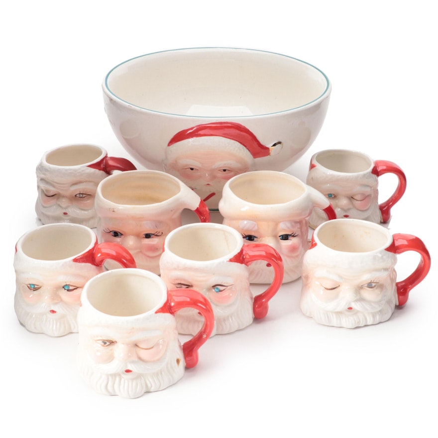 Hand-Painted Ceramic Santa Claus Bowl and Mugs, Late 20th Century