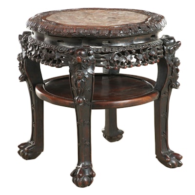 Chinese Carved Hardwood and Marble Two-Tier Side Table