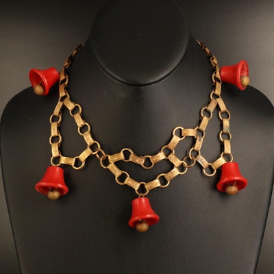 1930s Red Bell Book Chain Festoon Necklace