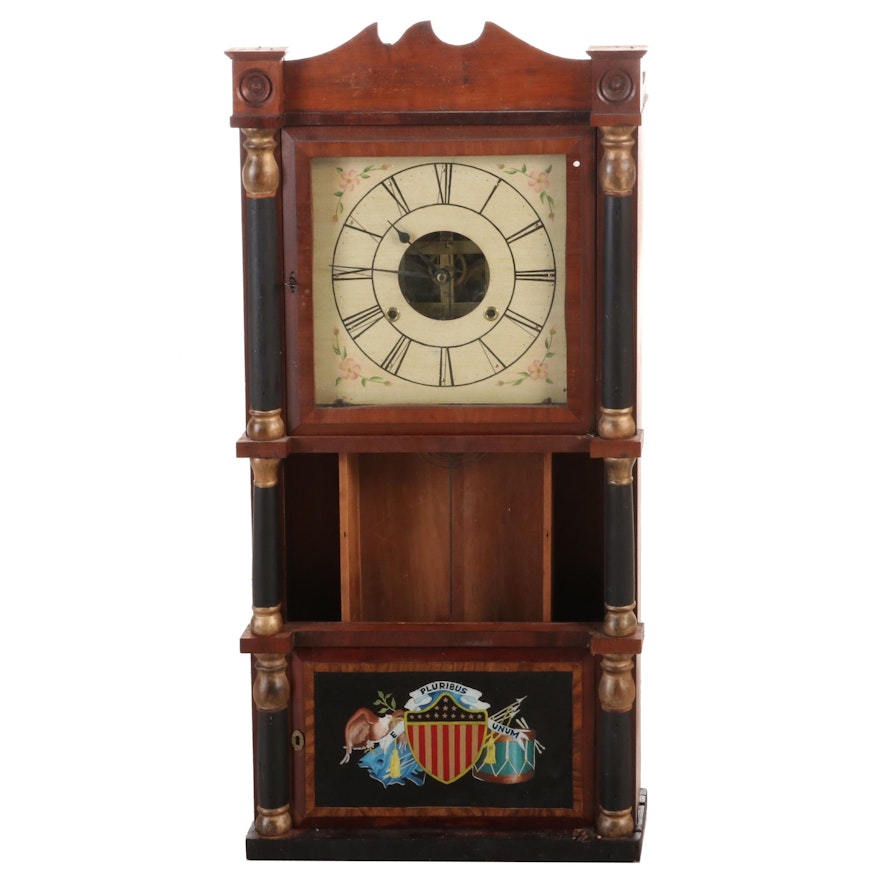 Federal Style Mahogany Cased Mantel Clock with Reverse Painted Glass
