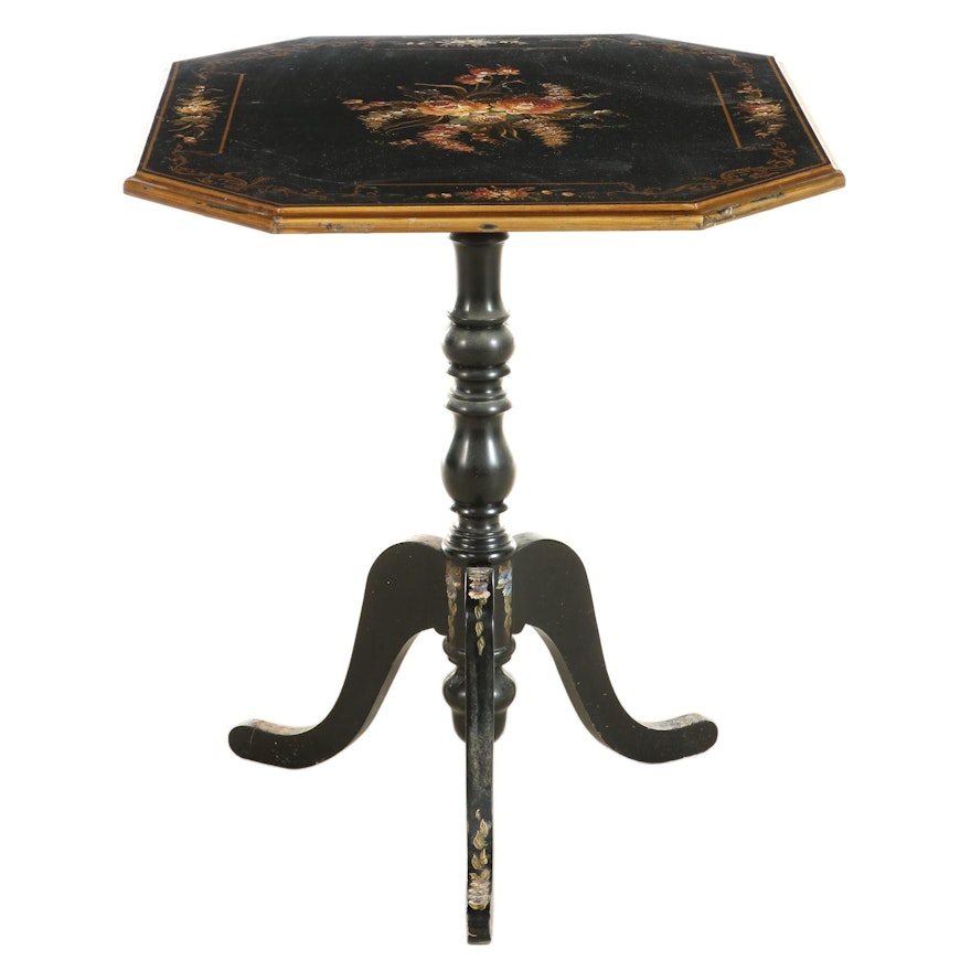 Floral Paint Decorated Tilt-Top Table, Late 20th Century