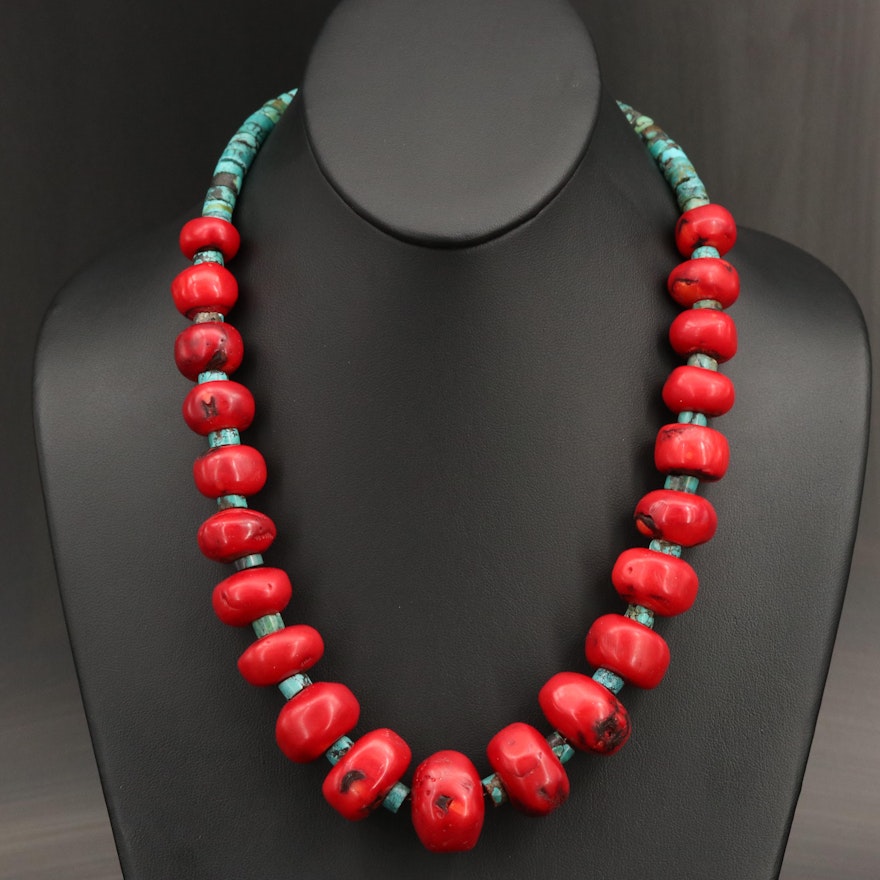 Sterling Turquoise and Coral Graduated Necklace