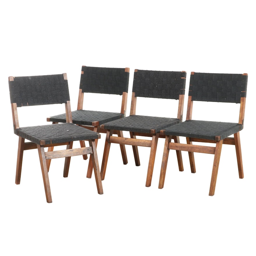 Four Mid-Century Style Acacia Framed Side Chairs with Woven Tape