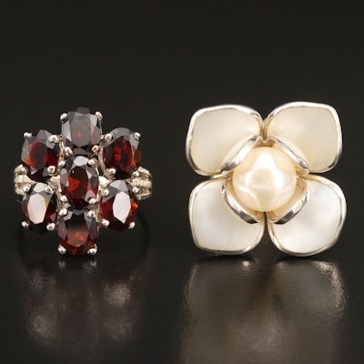Sterling Flower and Cluster Rings with Garnet, Pearl and Mother-of-Pearl