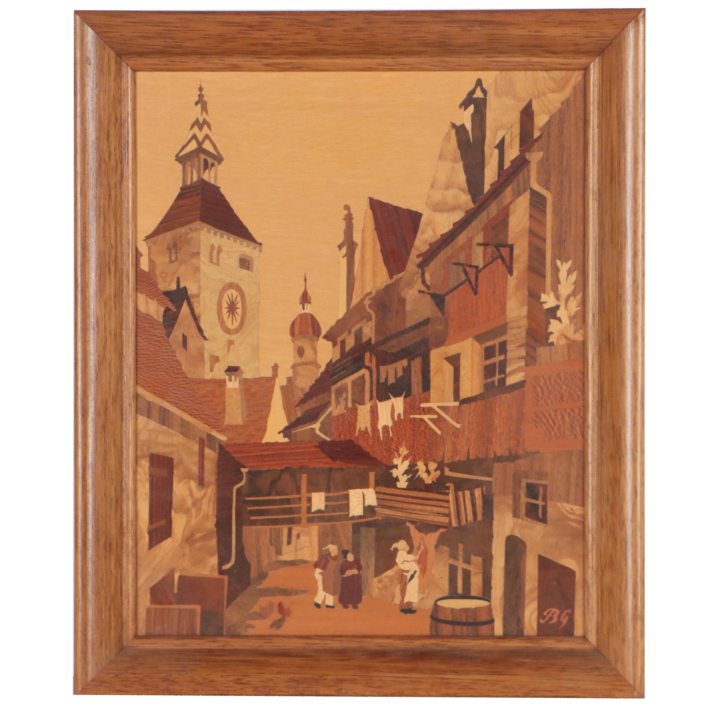 Buchschmid & Gretaux Wood Inlay Marquetry Panel "Landsberg, Witches