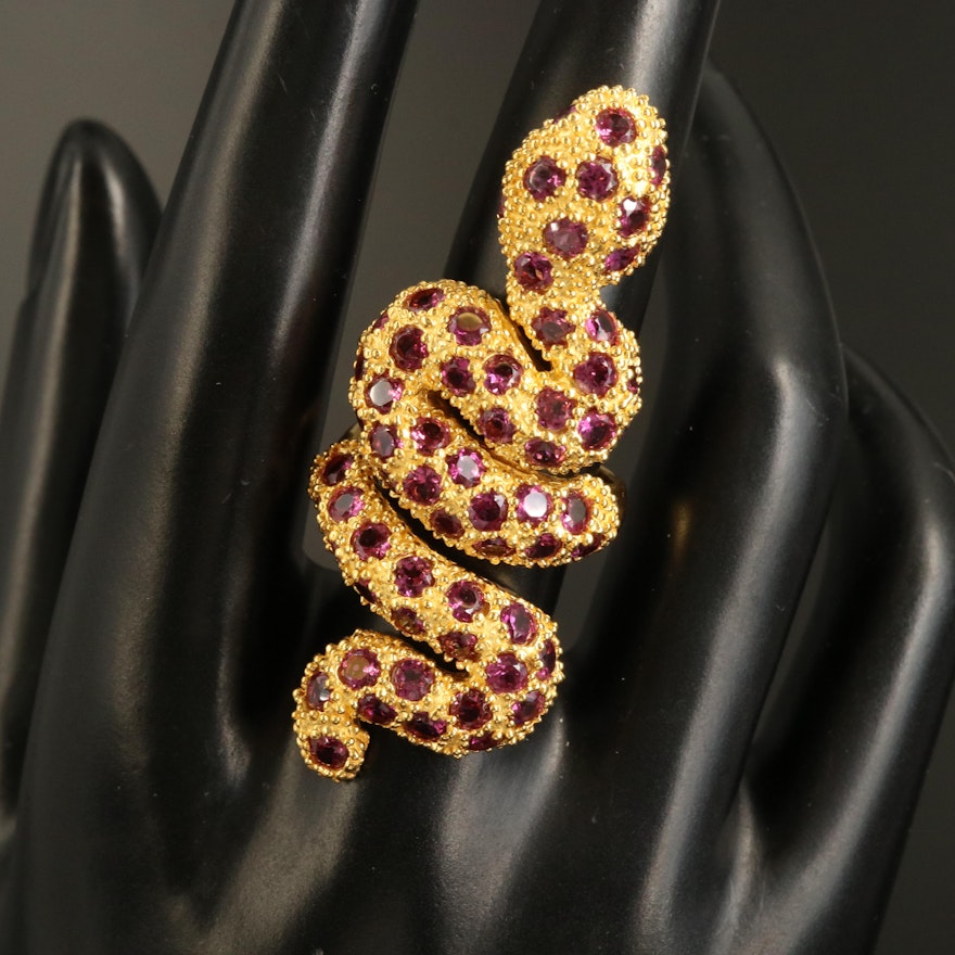 Sterling Rhodolite Garnet Snake Ring