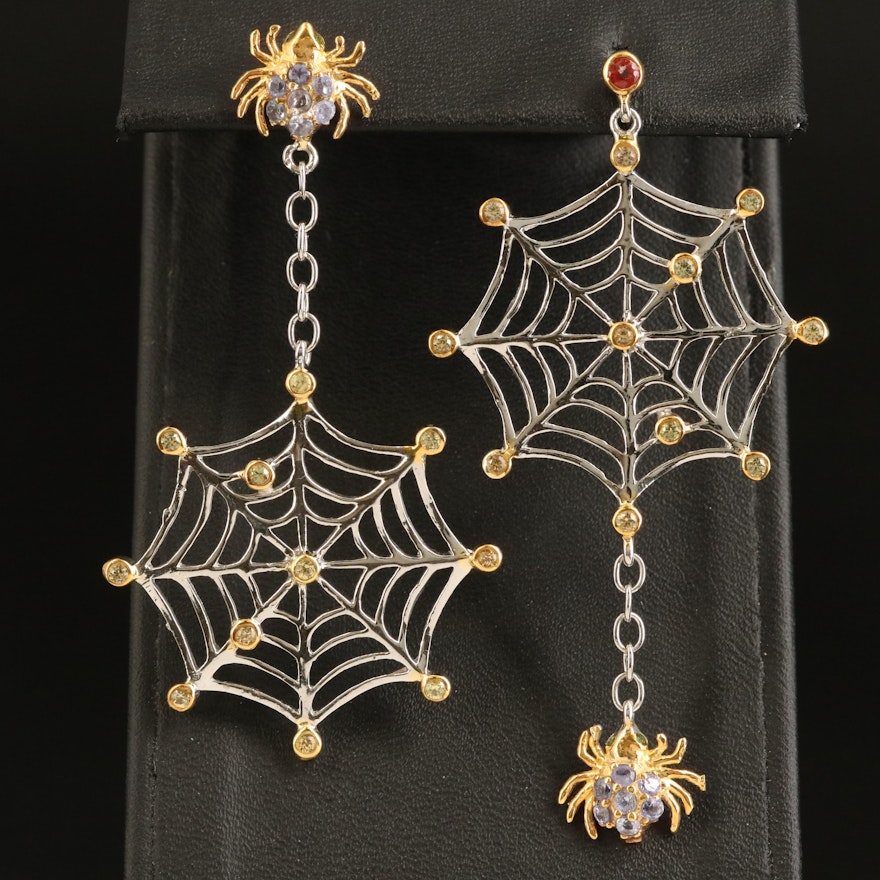 Sterling Tanzanite and Sapphire Spider Web Earrings