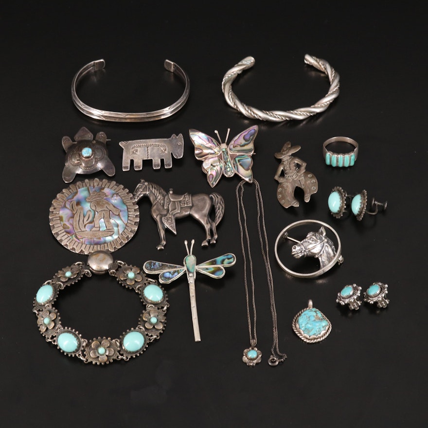 Southwestern and Mexican Sterling Jewelry Including Abalone and Turquoise