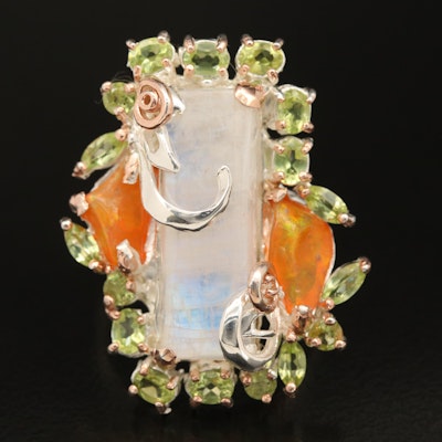 Sterling Moonstone, Opal and Peridot Floral Ring