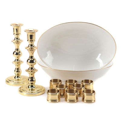 Royal Doulton "Signature Gold" Serving Bowls with Napkin Rings and Candlesticks