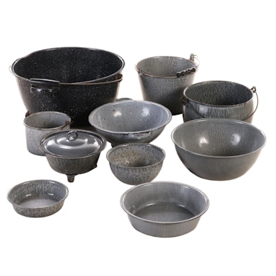 Gray Enameled Spatterware Cookware, 20th Century
