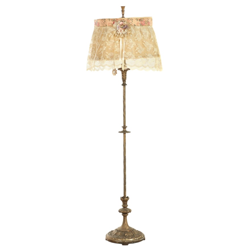 Gilt Painted Cast Metal Floor Lamp with Lace-Covered Shade