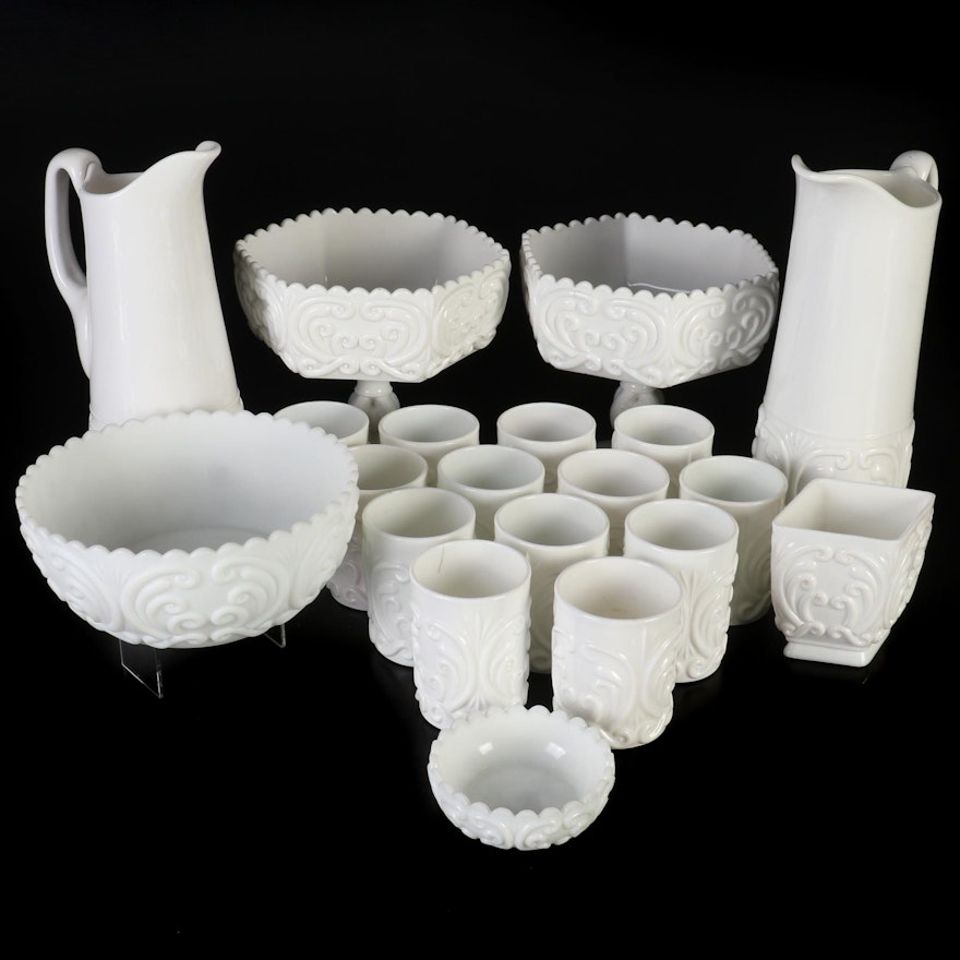 Imperial Glass Scroll Milk Glass Pitcher and Tumblers with Serving Pieces