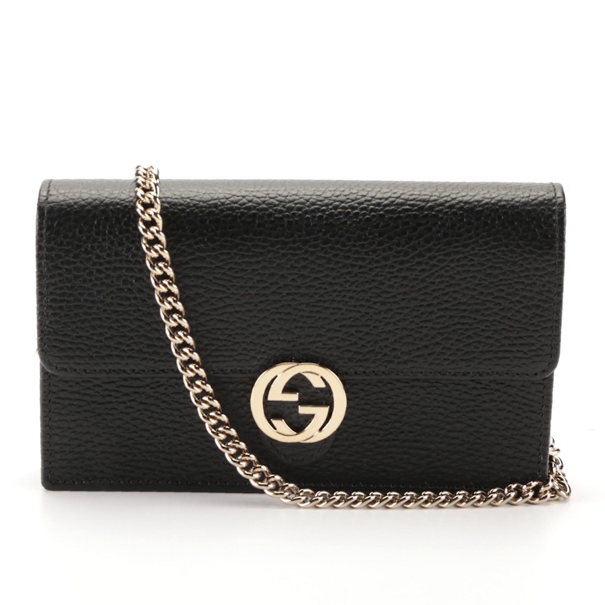 Gucci Interlocking GG Wallet on Chain in Black Grained Leather