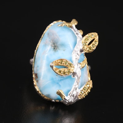 Sterling Larimar and Cubic Zirconia Floral Ring