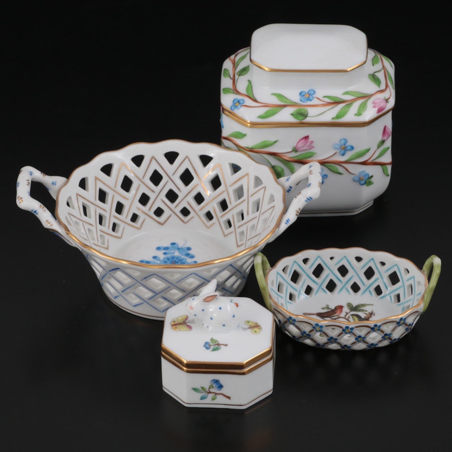 Herend Tea Caddy and Bunny Box with Open Weave Herend Baskets