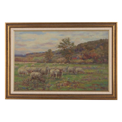 Charles Alfred Meurer Landscape Oil Painting of Herd, Mid-20th Century