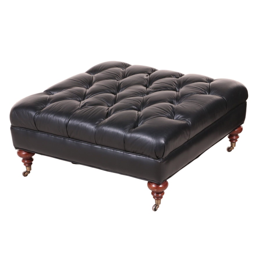 Button-Tufted Leather Cocktail Ottoman