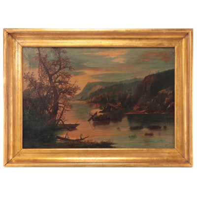 Oil Painting of Sunset Over River, Mid to Late 19th Century