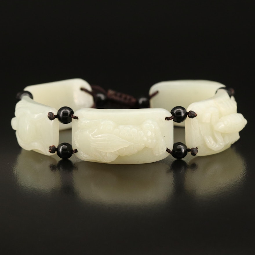 Carved Nephrite and Faux Black Onyx Bracelet