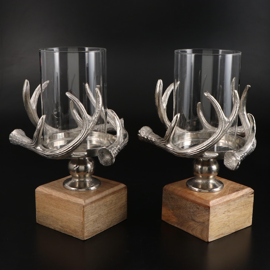 Antler Themed Metal and Wood Hurricane Candle Holders