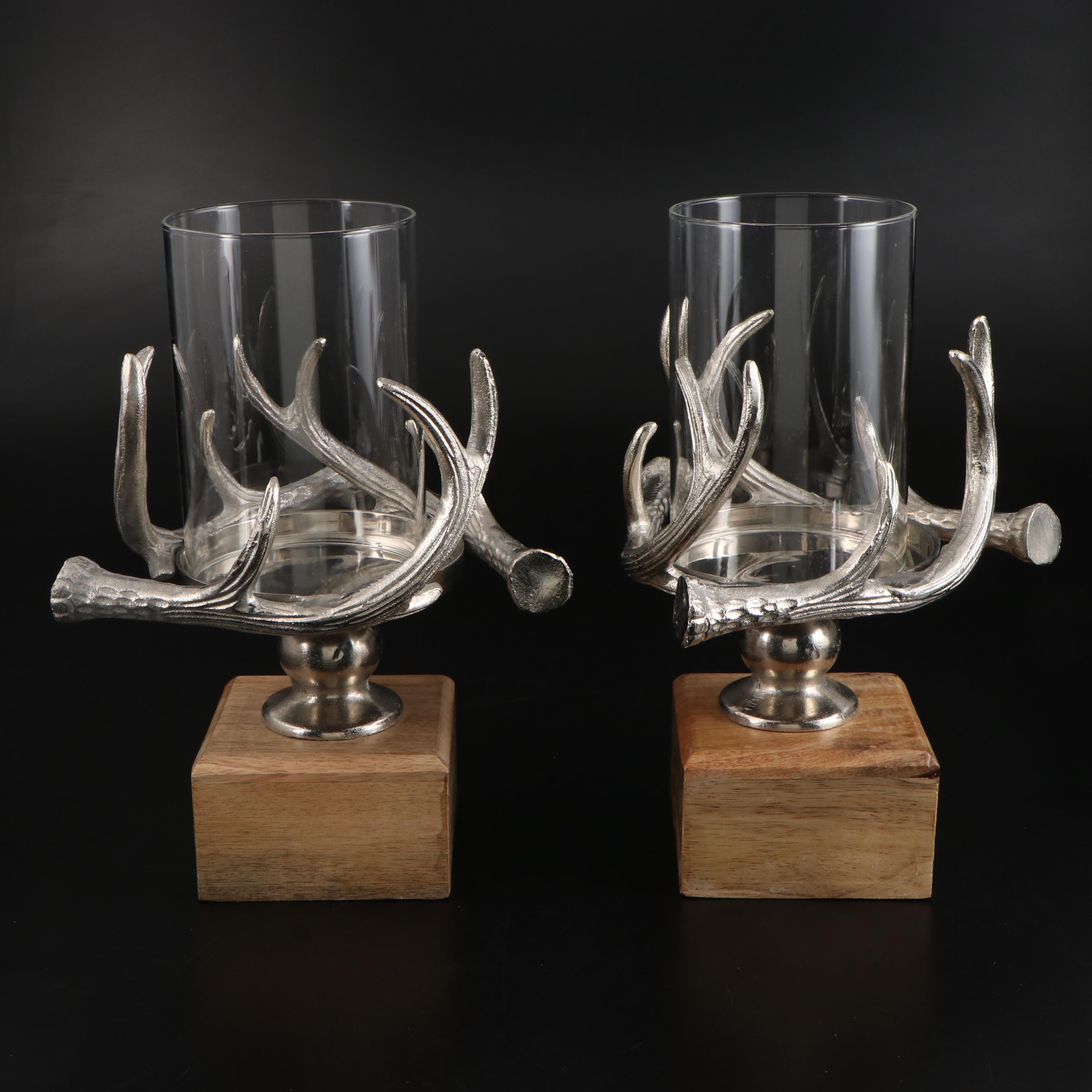 Antler Themed Metal and Wood Hurricane Candle Holders EBTH