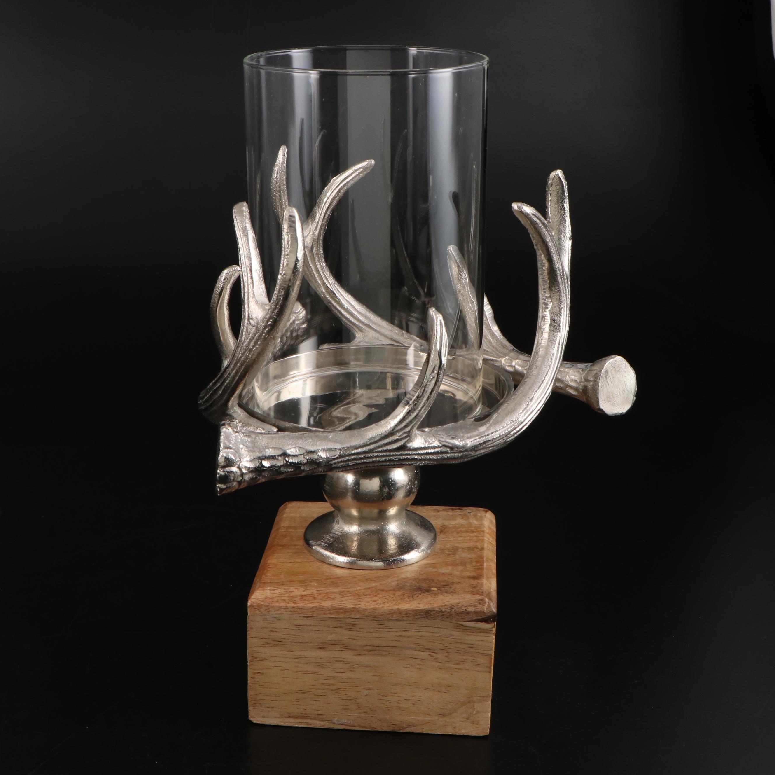 Antler Themed Metal and Wood Hurricane Candle Holders EBTH