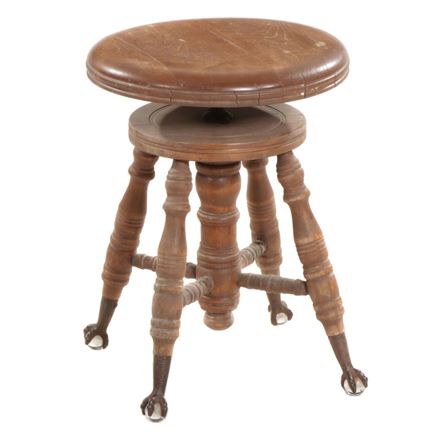 Victorian Walnut Piano Stool with Glass Ball-in-Claw Feet, Early 20th Century