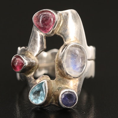 Sterling Topaz, Tourmaline and Rainbow Moonstone Ring