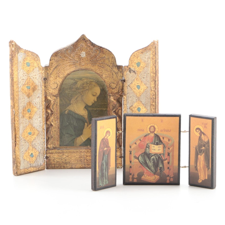Florentine Parcel Gilt Wood Madonna and Other Gothic Style Icon Triptych