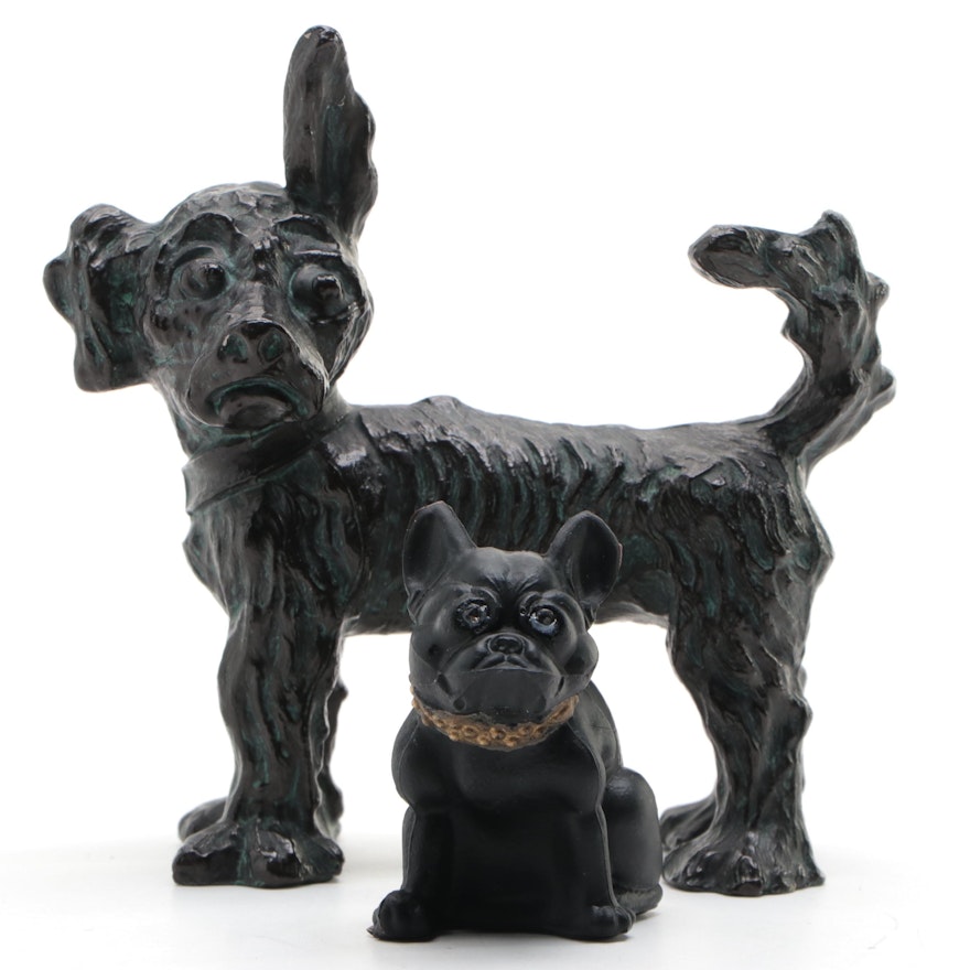 Westmoreland Black Satin Glass French Bulldog with Jewel Eyes, Cast Metal Dog