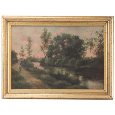 Landscape Oil Painting of Forest Path, Mid-20th Century