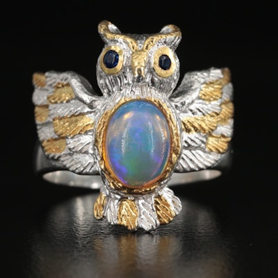 Sterling Opal and Glass Owl Ring