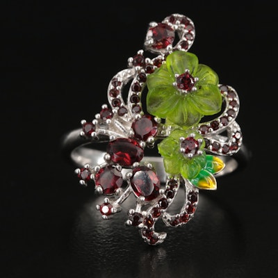Sterling Garnet and Glass Flower Ring