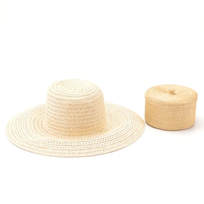 Woven Natural Fiber Wide Brim Sun Hat with Woven Lidded Container