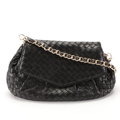 Bottega Veneta Small Flap Shoulder Bag in Black Intrecciato Lambskin Leather