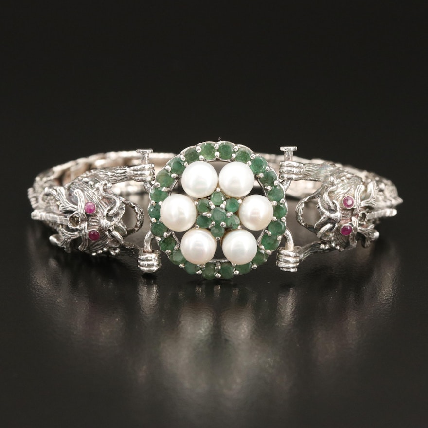 Sterling Double Dragon Bracelet with Pearl, Emerald and Ruby