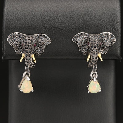 Sterling Elephant Earrings with Opal, Spinel and Ruby
