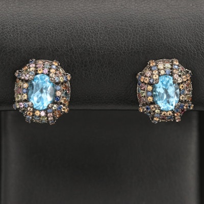 Sterling Swiss Blue Topaz and Sapphire Button Earrings