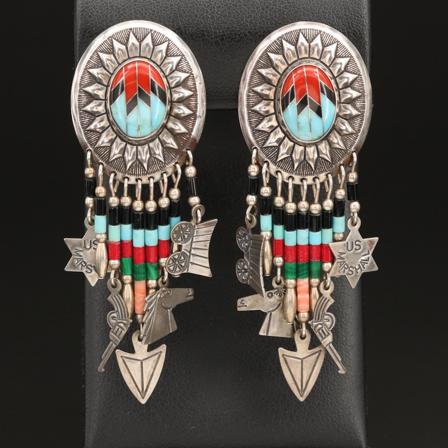 Running Bear Sterling Inlay Fringe Button Earrings