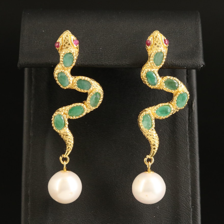 Sterling Pearl, Emerald and Ruby Snake Earrings