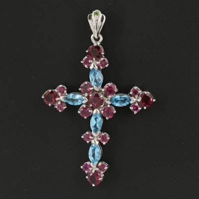 Sterling Rhodolite Garnet and Swiss Blue Topaz Cross with Diopside Accent