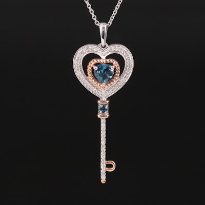 Sterling London Blue Topaz and Diamond Heart Key Pendant Necklace