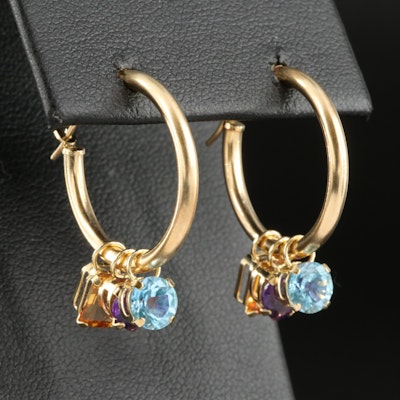 14K Hoop Earrings with Citrine, Topaz and Amethyst Removeable Drops