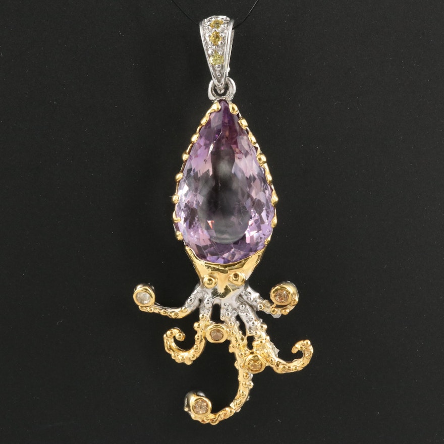 Sterling Amethyst and Sapphire Squid Pendant