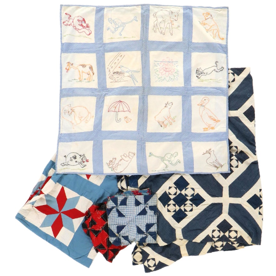 Embroidered Crib Quilt with Hand-Pieced Quilt Tops and Blocks, 20th Century