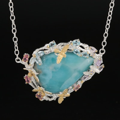 Sterling Larimar, Topaz and Tourmaline Insect Necklace