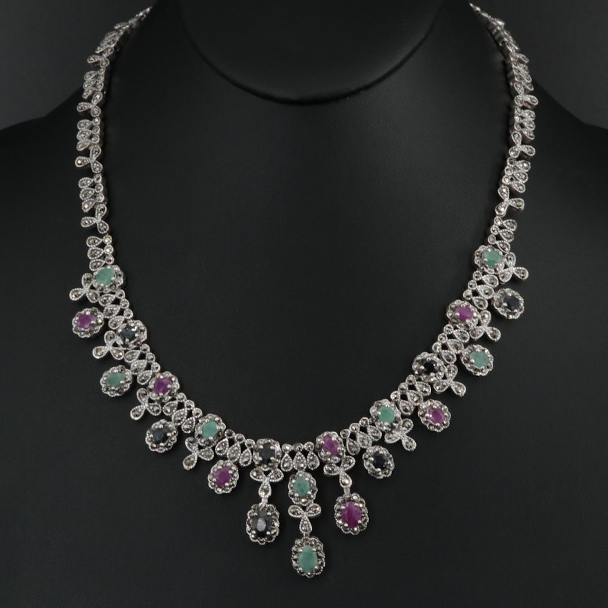 Sterling Emerald, Ruby and Marcasite Fringe Necklace