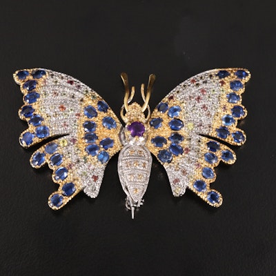 Sterling Kyanite, Sapphire and Amethyst Articulated Moth Brooch