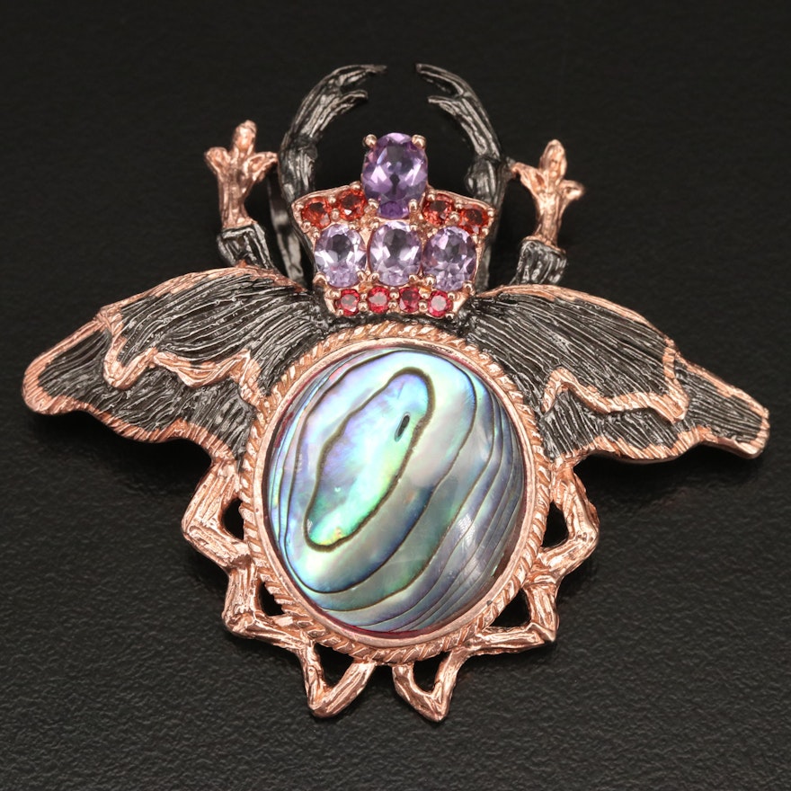 Sterling Bug Converter Brooch with Abalone, Amethyst and Garnet